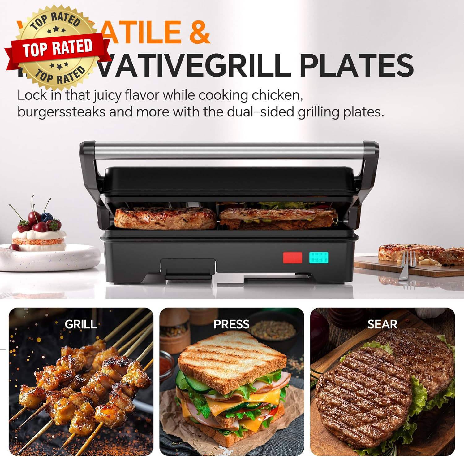 Panini Press Grill, 1000W Sandwich Maker with Non-Stick Coated Plates, Opens 180