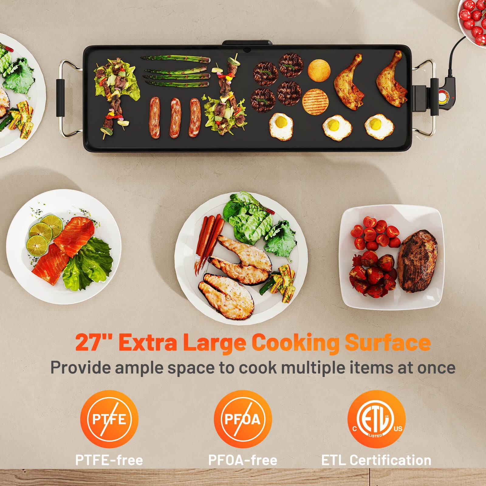 27″ Large Electric Griddle with Adjustable Temperature Thermostats and Drip Tray
