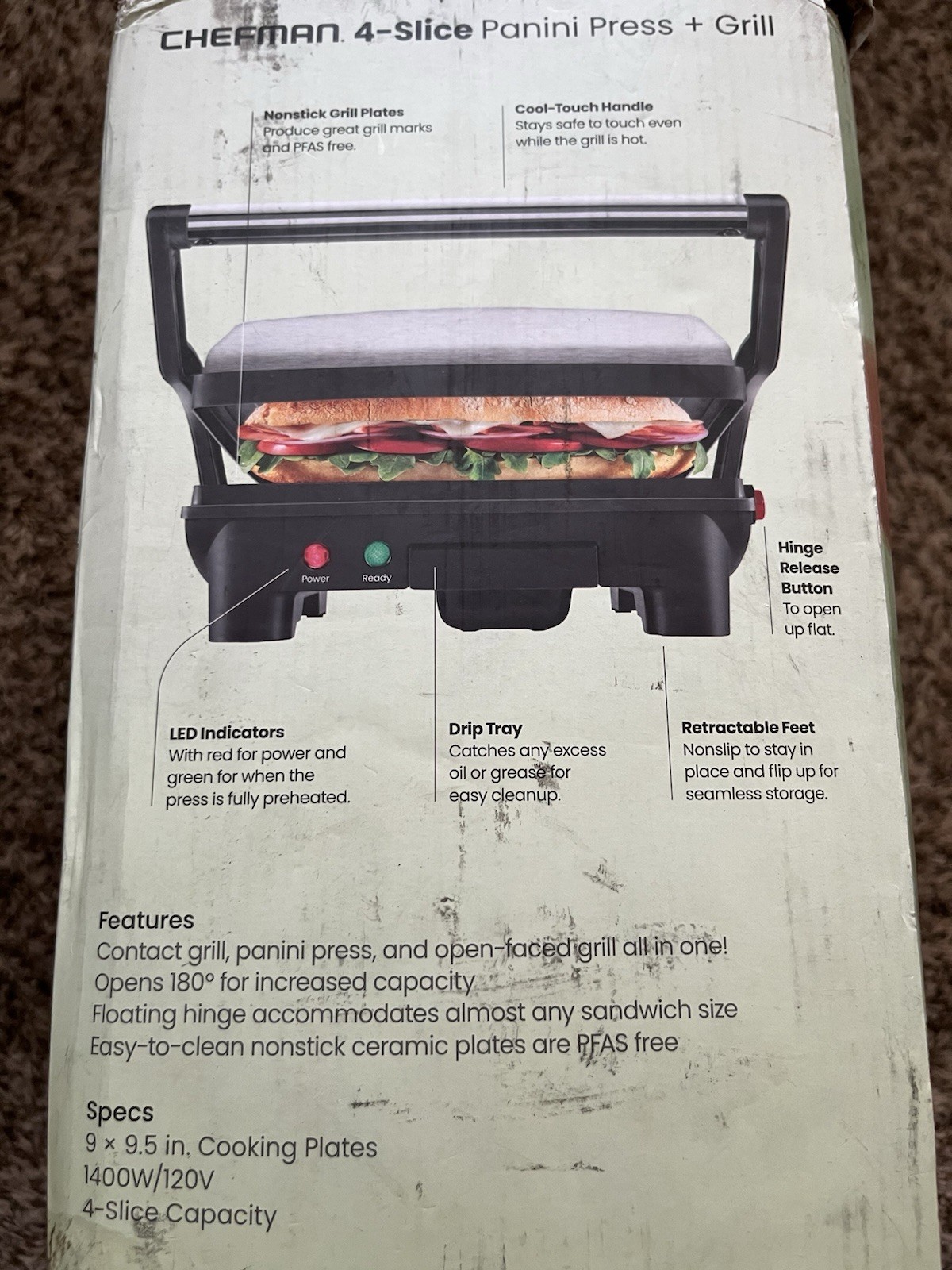 Chefman 3-in-1 Electric Indoor Panini Press & Grill Opens Flat for Grilling
