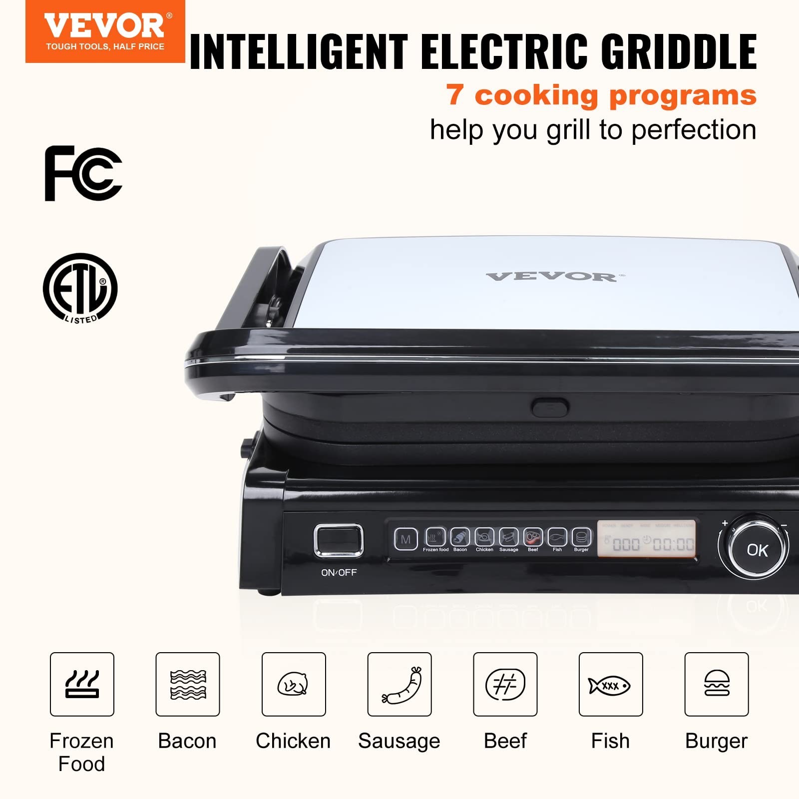 7-in-1 Electric Contact Grill, 1800W Indoor Panini Press & Griddle, Nonstick Tep