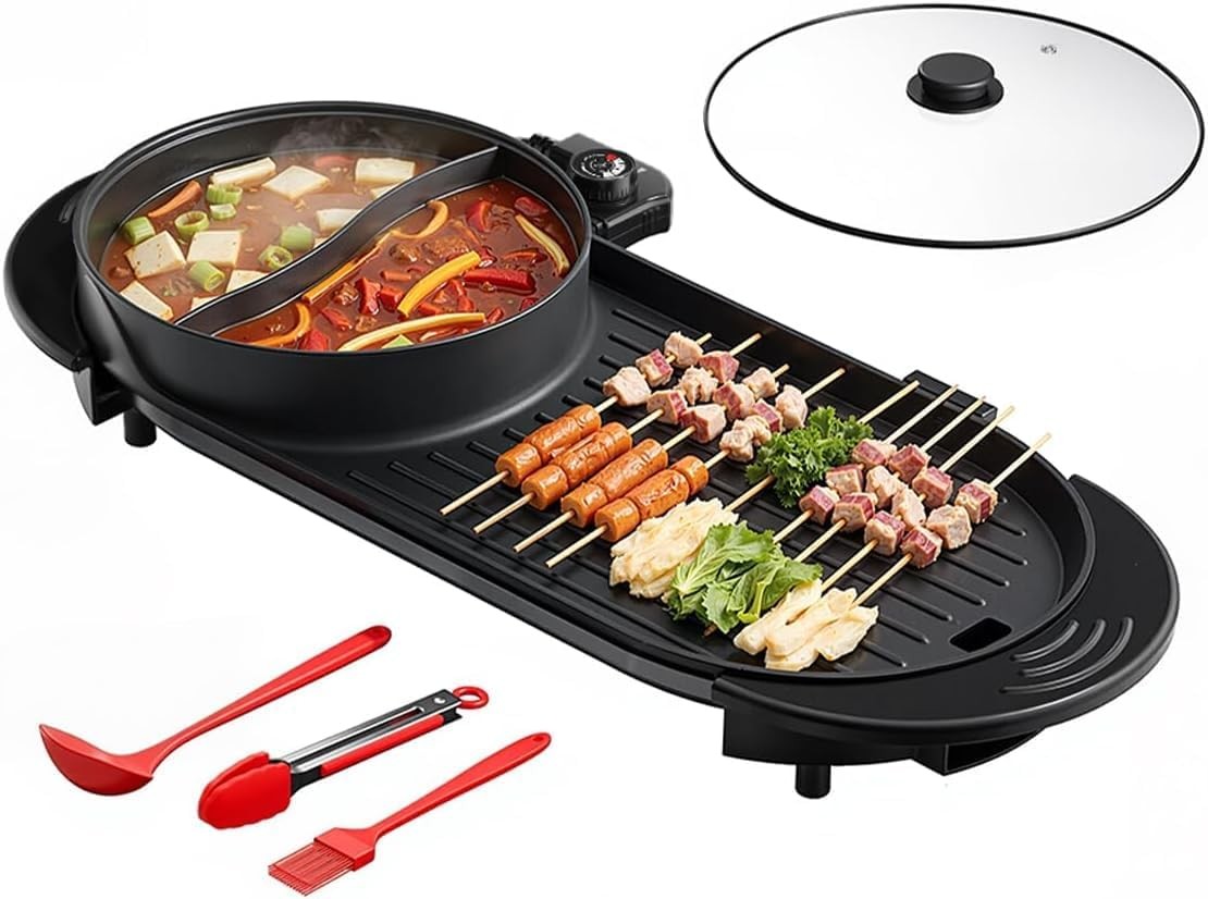 AORAN 2200W Electric Grill & Hot Pot Combo with Dual Zone Control – 26.6″ Large