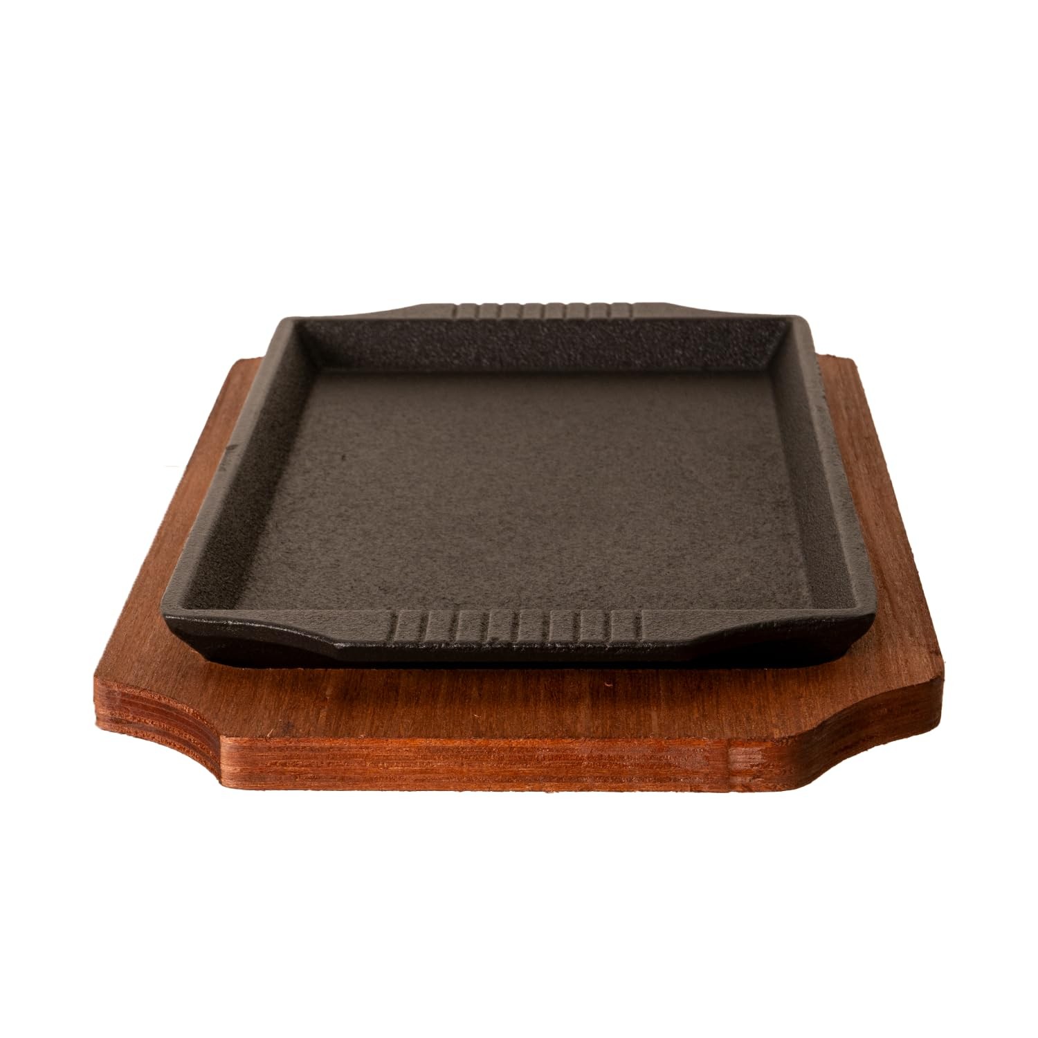 Cast Iron Steak Plate Sizzle Griddle Wooden Base Rectangular Pan 10 Inch