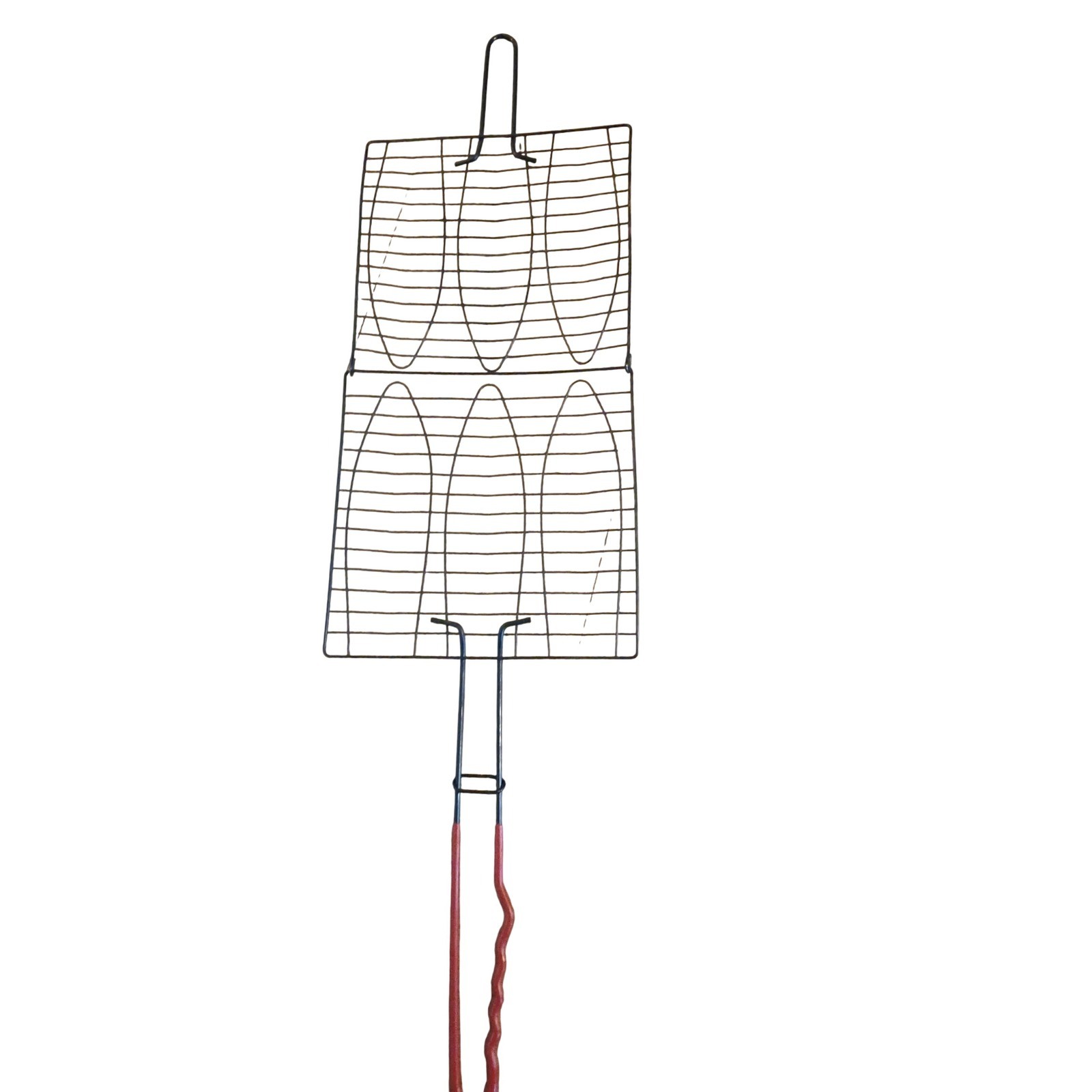 Triple Fish Grilling Basket Wire Mesh BBQ Tool with Red Heat Resistant Handle