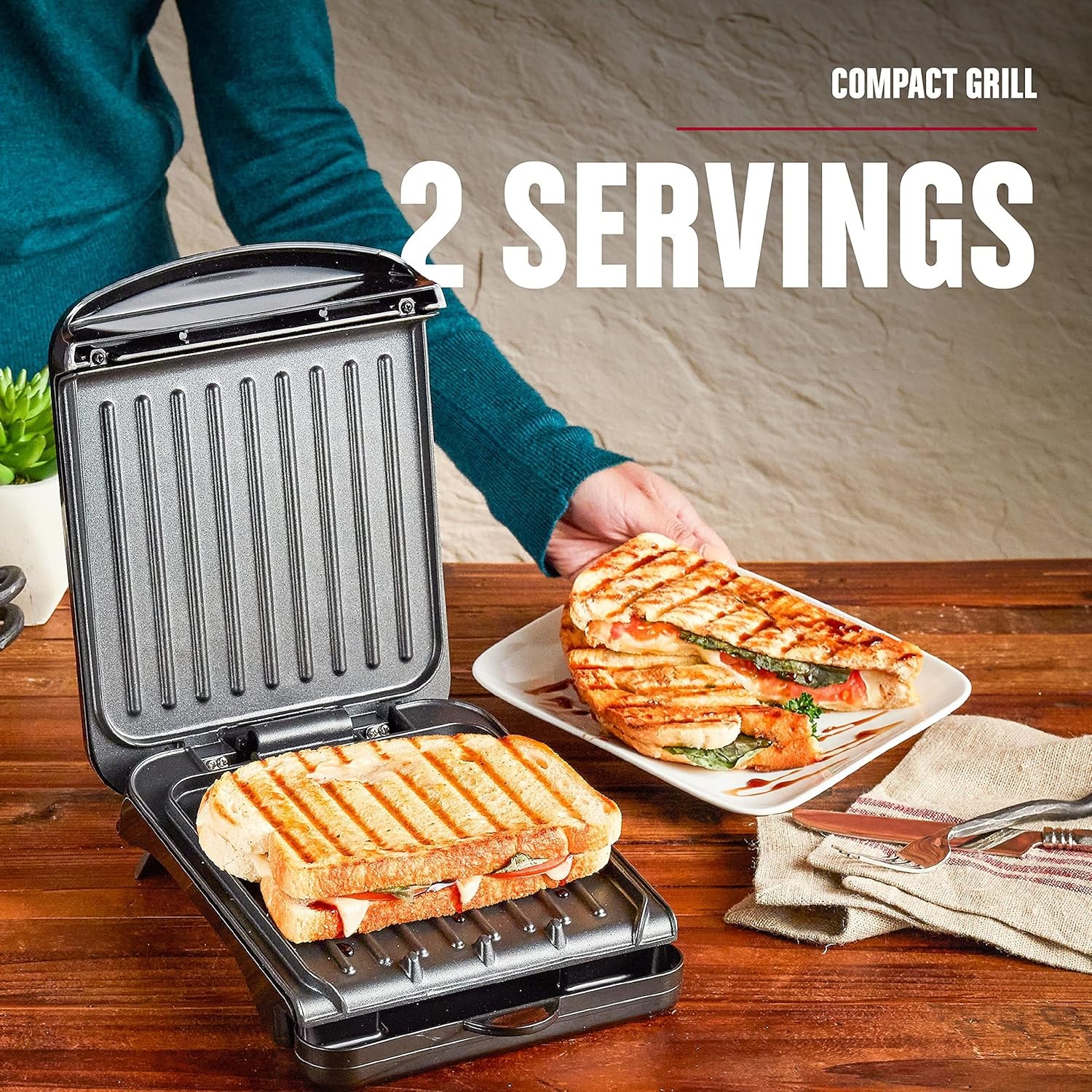 Electric Indoor Grill & Panini Press, Nonstick, Compact 2-Serving, Fast Shipping