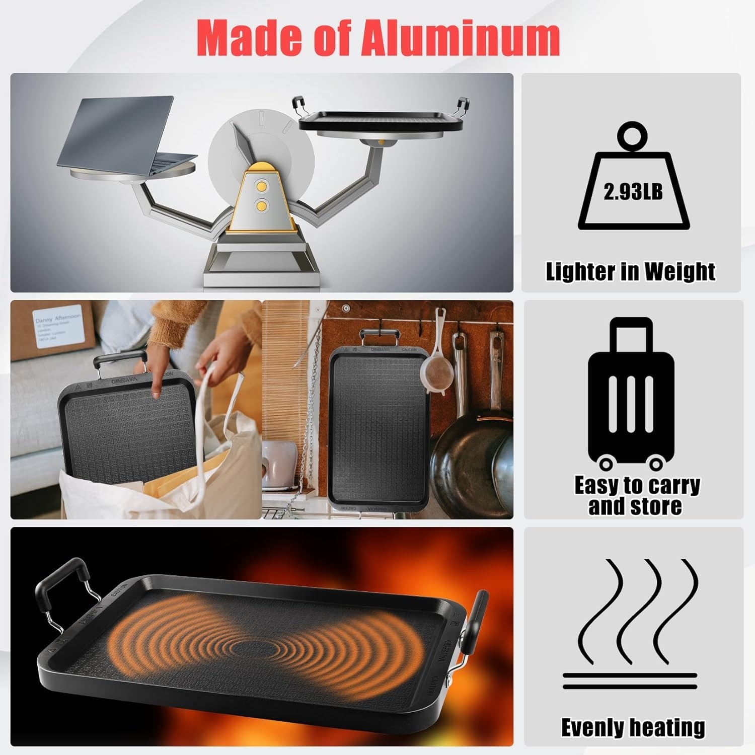 Stove Top Flat Griddle, 17 Inch 2 Burner Griddle Pan for Stove Top Grill, Alumin