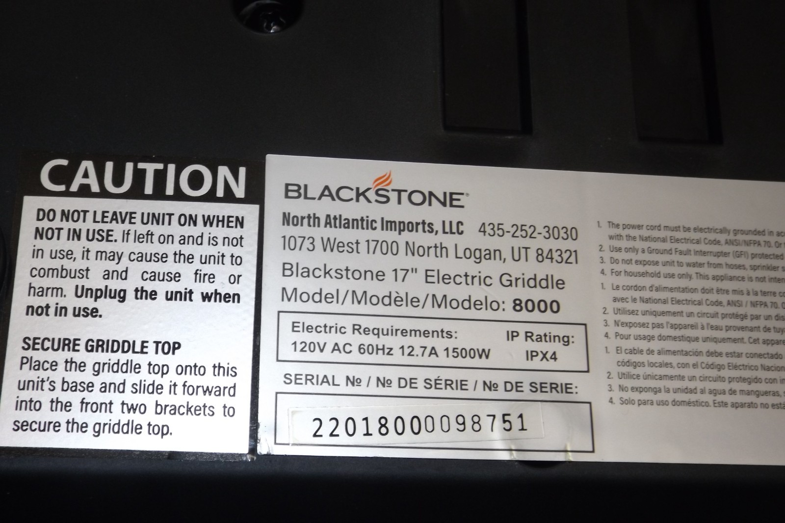 BLACKSTONE E SERIES 17 ELECTRIC TABLETOP GRIDDLE MODEL 8000**TESTED**FREE SHIP