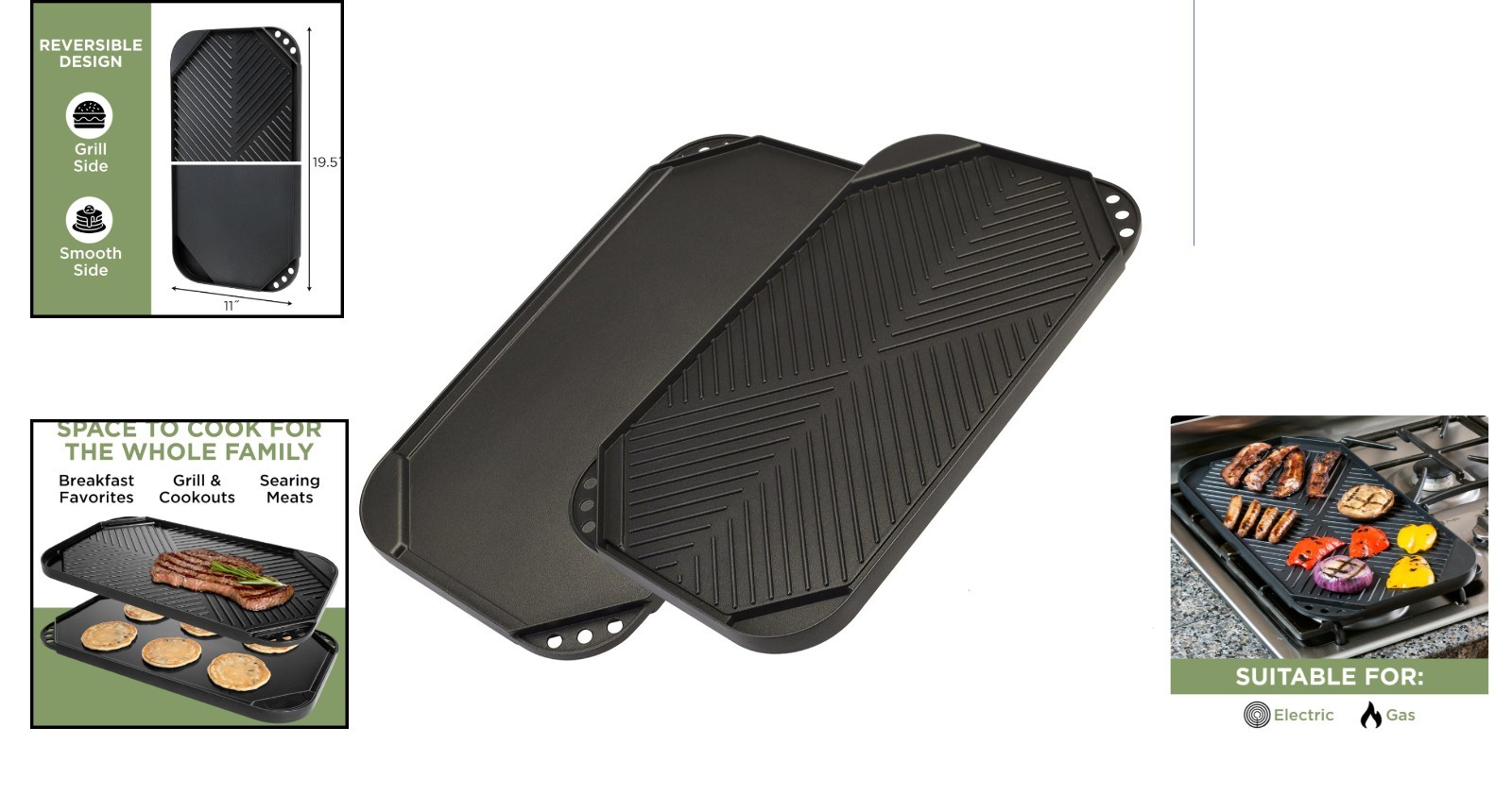 Reversible Non-Stick Grill/Griddle Pan 19.5” x 11” – Dishwasher Safe Cookware