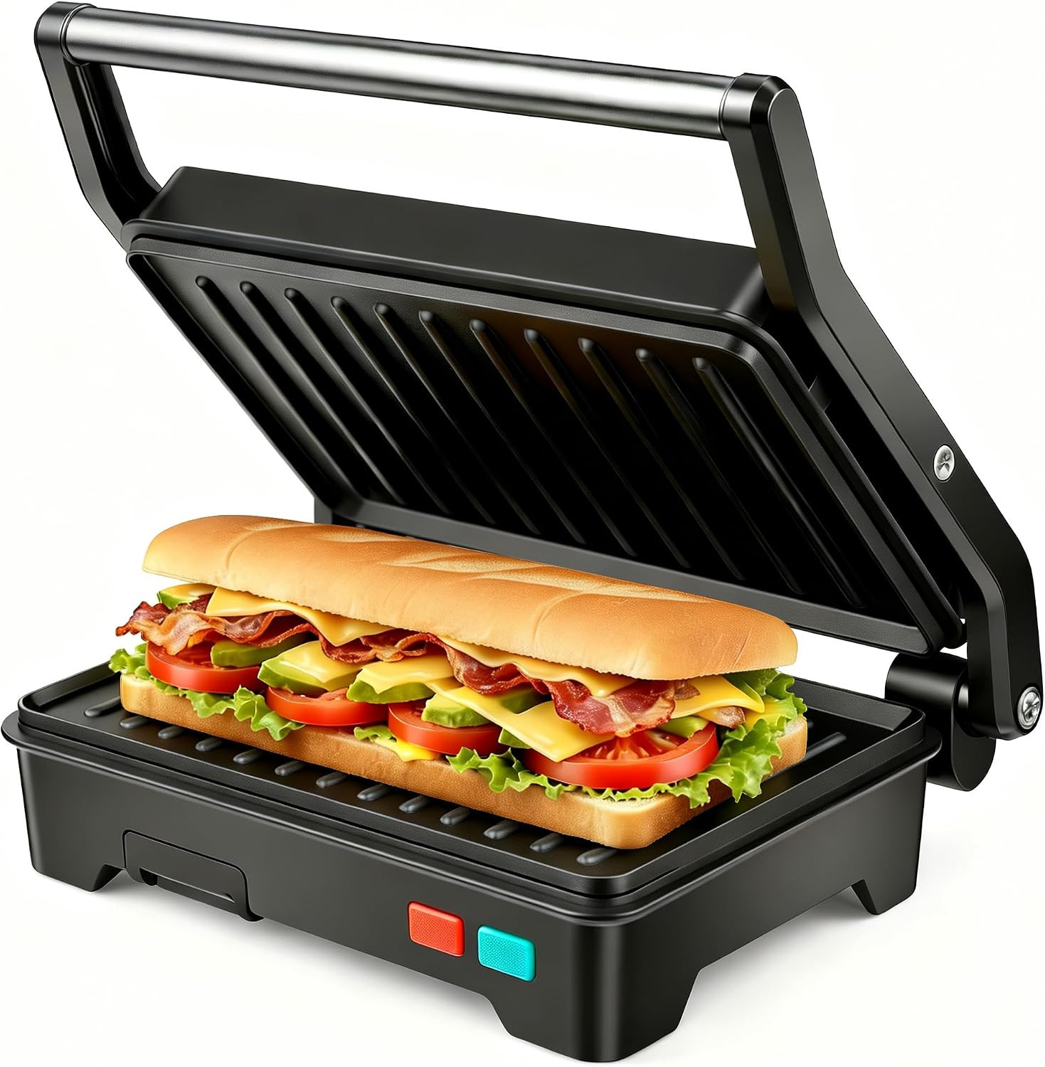 Panini Press Grill, Sandwich Maker with Non-Stick Coated Plates & Removable Drip