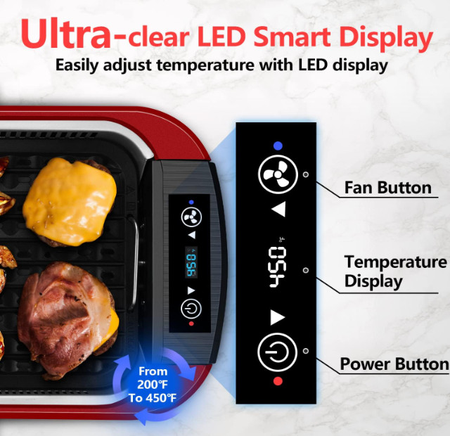 Grill interior 1500W BBQ coreano sin humo con pantalla LED y tapa vidrio