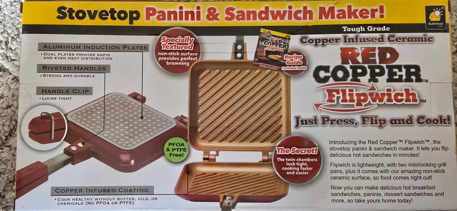 Red Copper Flipwich Stovetop Sandwich Maker Copper Infused Ceramic New InBox