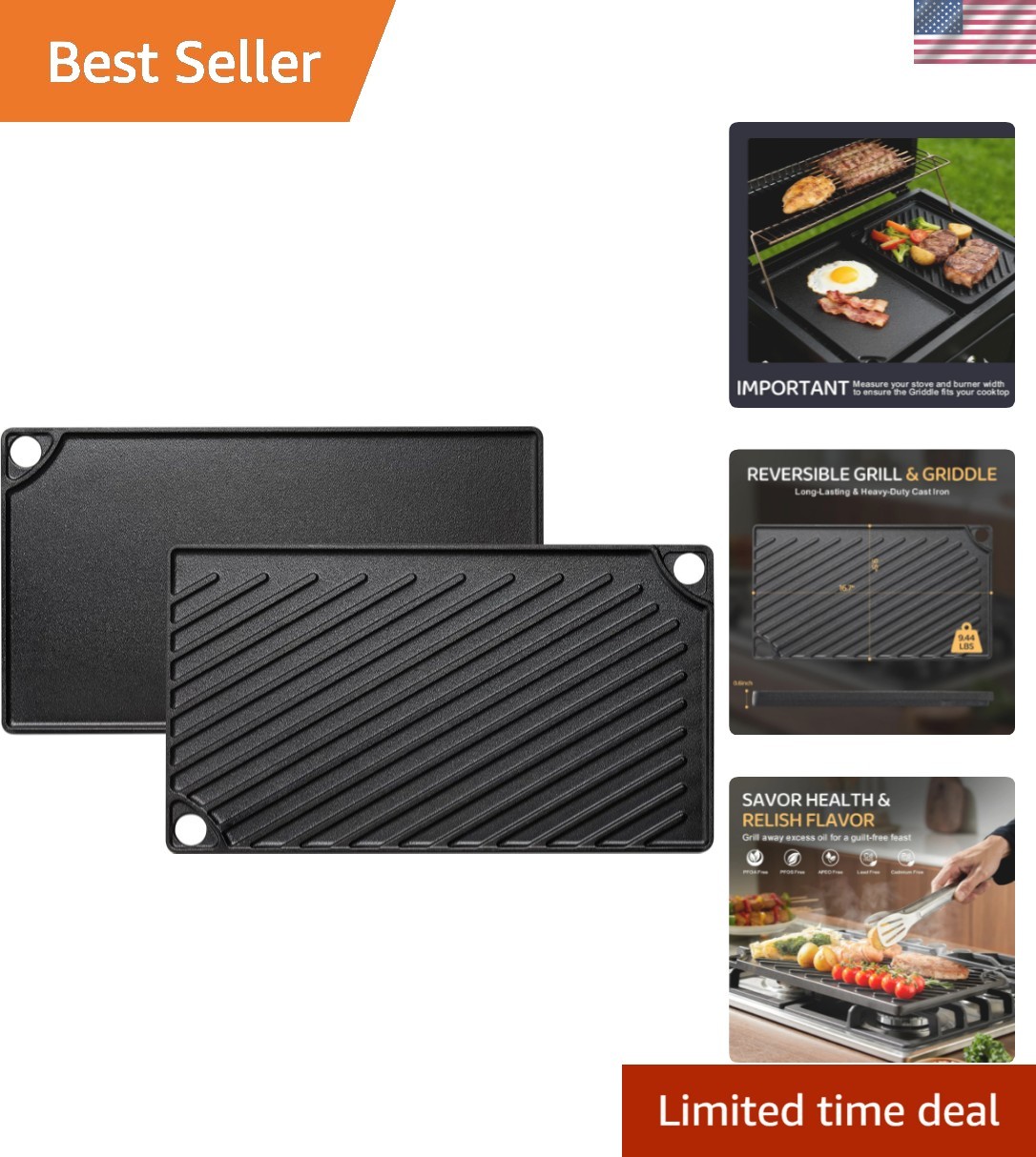 Reversible Grill/Griddle, 16.7×9.5” Pre-Seasoned Cast Iron Griddle Pan, Doub…