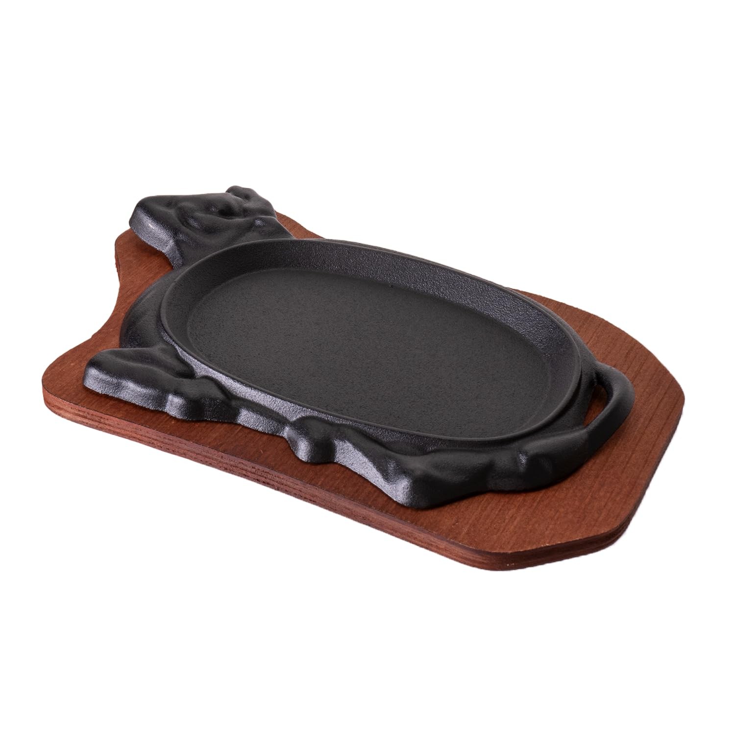 Cast Iron Steak Plate, Sizzle Griddle, Wooden Base, Cow Shaped, 10 inch, Fajita