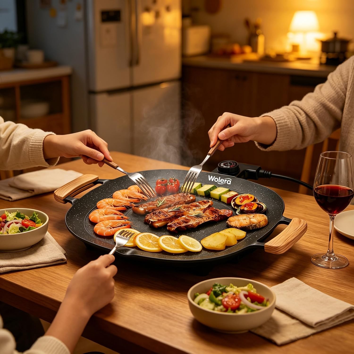 Smokeless Electric BBQ Grill Wood Handles Adjustable Temp | Electric nonstick
