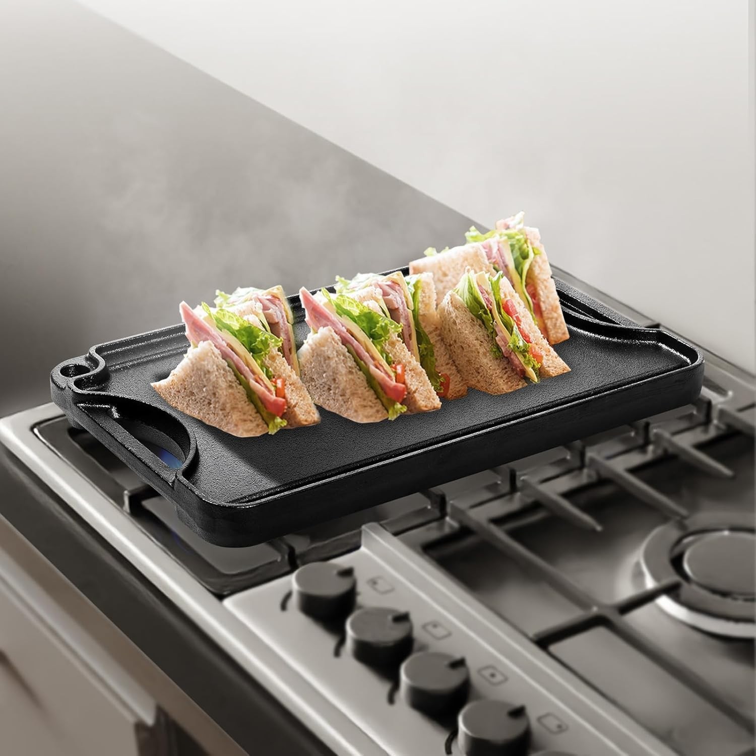 Reversible Grill/Griddle, 14X8.5 Inch Pre-Seasoned Cast Iron Griddle, Portable..