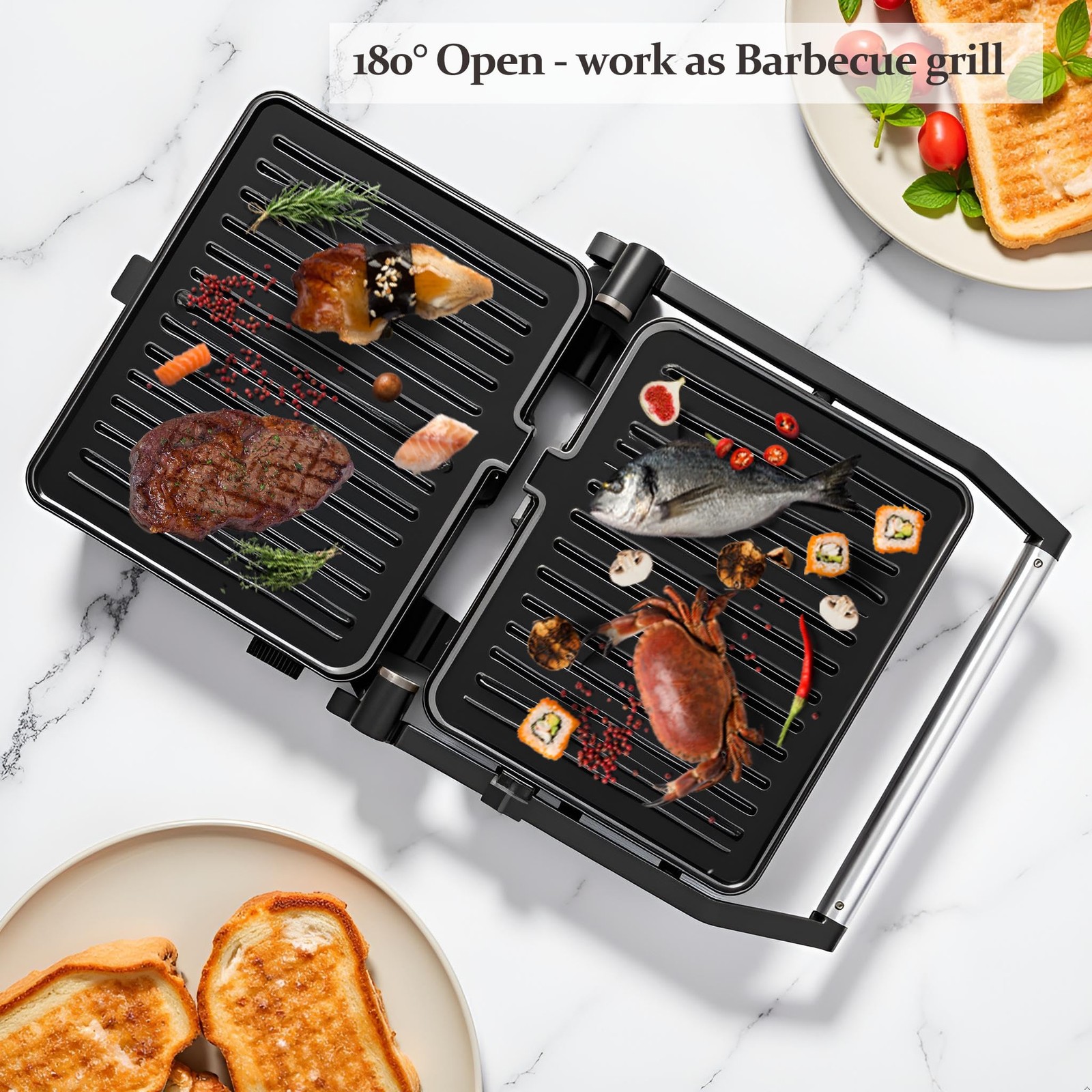 Panini Press Grill 4 Slice Non-Stick Stainless Steel 180° Open – Perfect