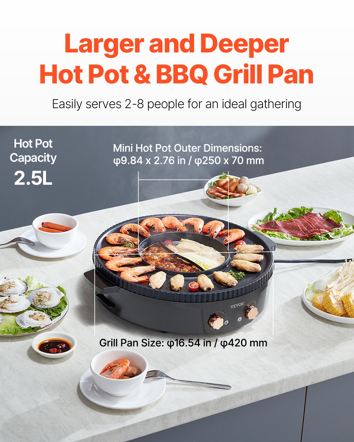 VEVOR Hot Pot with Grill 1800W 2-in-1 Electric Smokeless Grill Hot Pot for 2-8