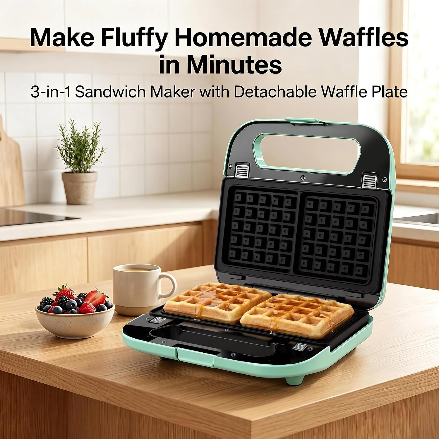 3-in-1 Sandwich Maker, Waffle Maker and Panini Press Grill, Aqua