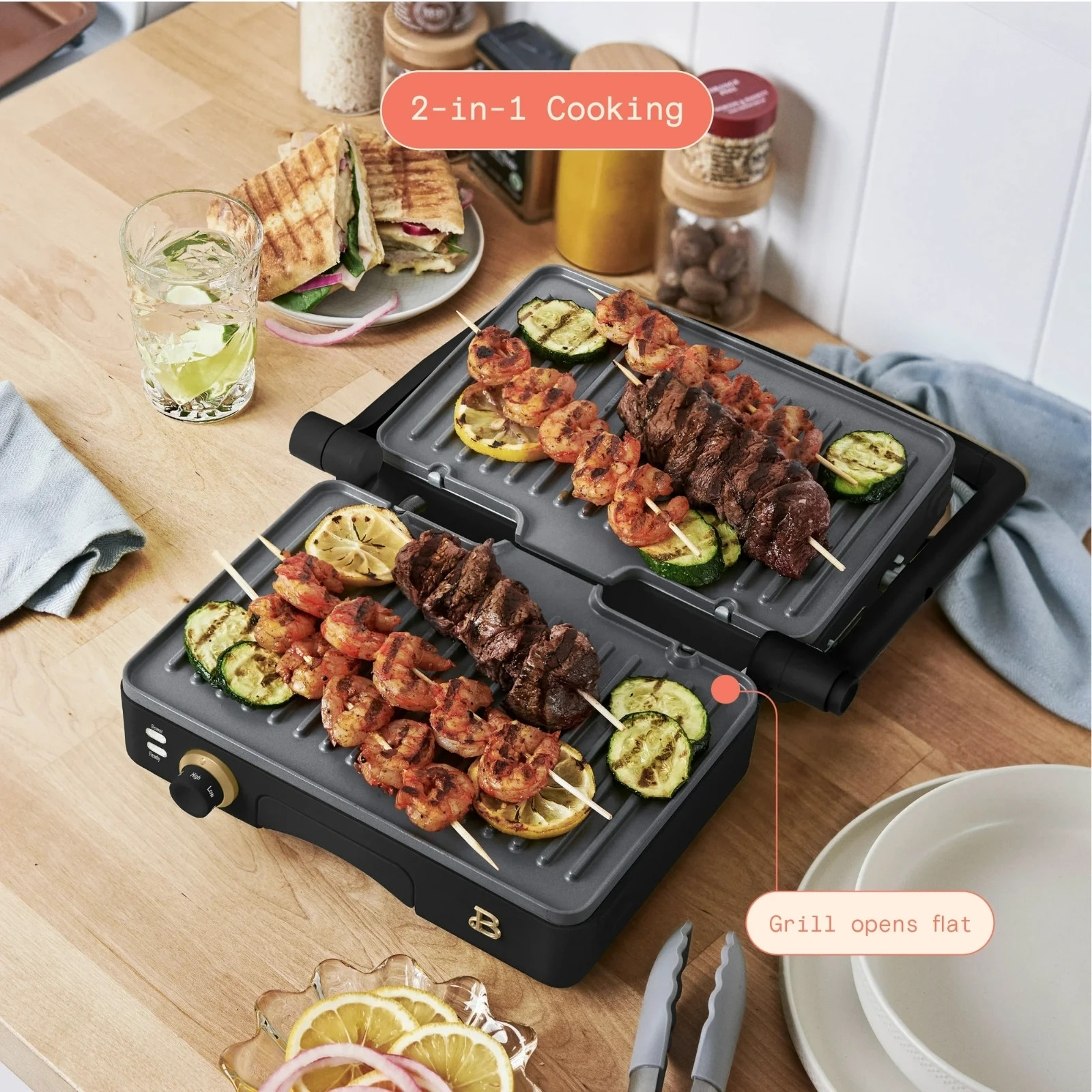 Beautiful 2-in-1 Panini Press & Grill with Detachable Plates, Black Sesame by Dr