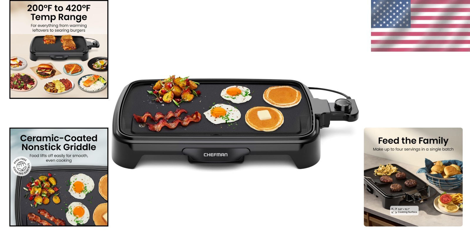 Dishwasher Safe Electric Griddle – 120V, 6 Settings