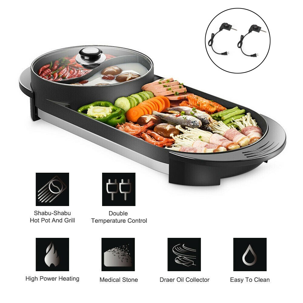 2 in 1 Portable Electric Hot Pot Barbecue Grill Non-Stick Teppanyaki Pan EP