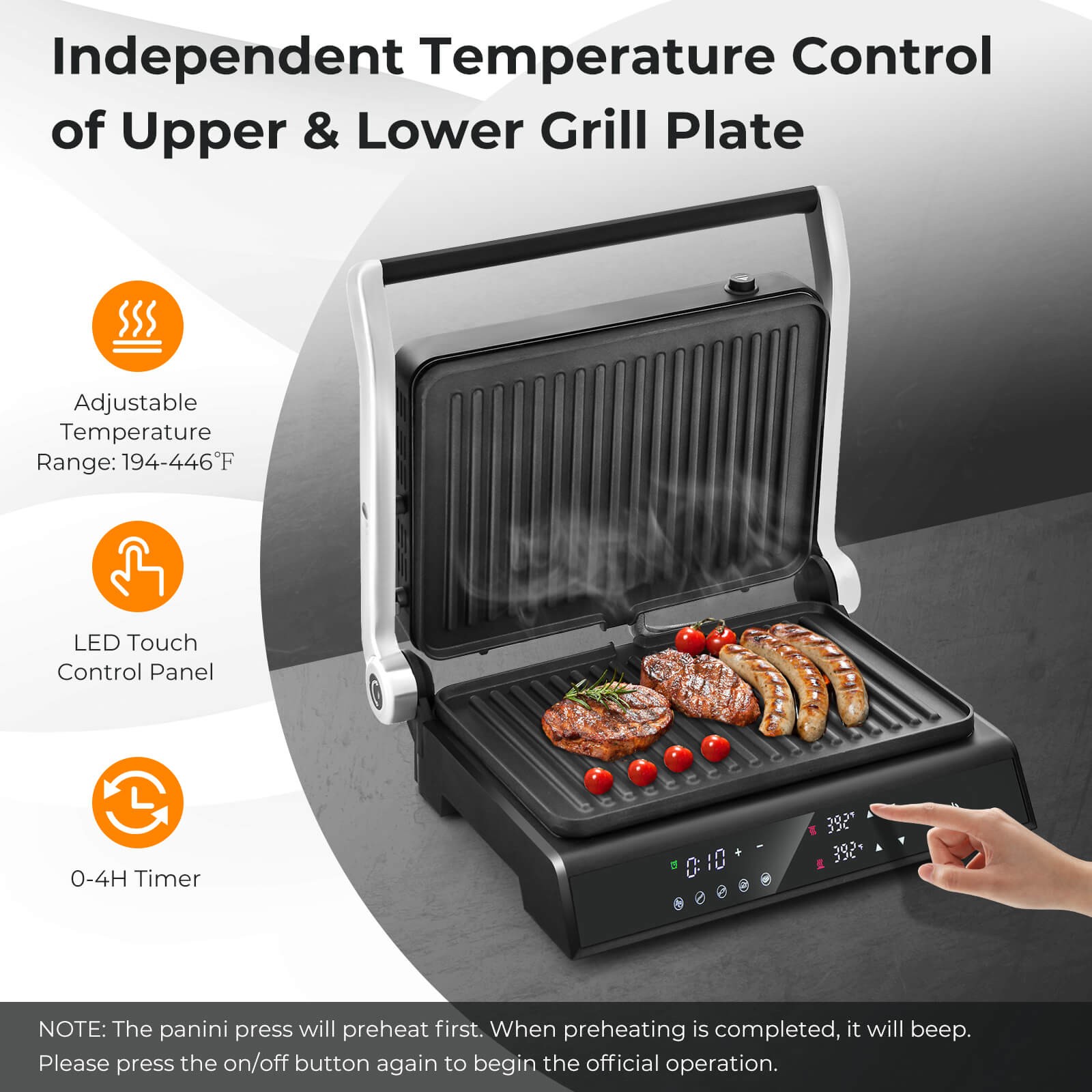 Electric Panini Press Grill Sandwich Maker w/ LED Display & Removable Drip Tray