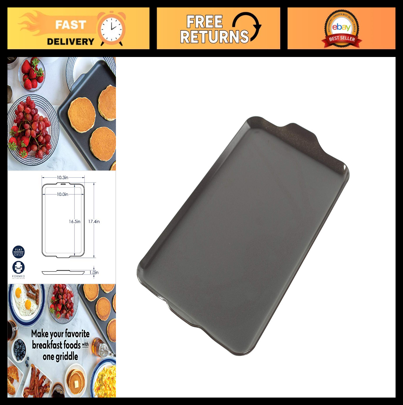 Non-Stick Two Burner Griddle, 10.3 x 17.4 inches, Perfect for Cooking & Grilling