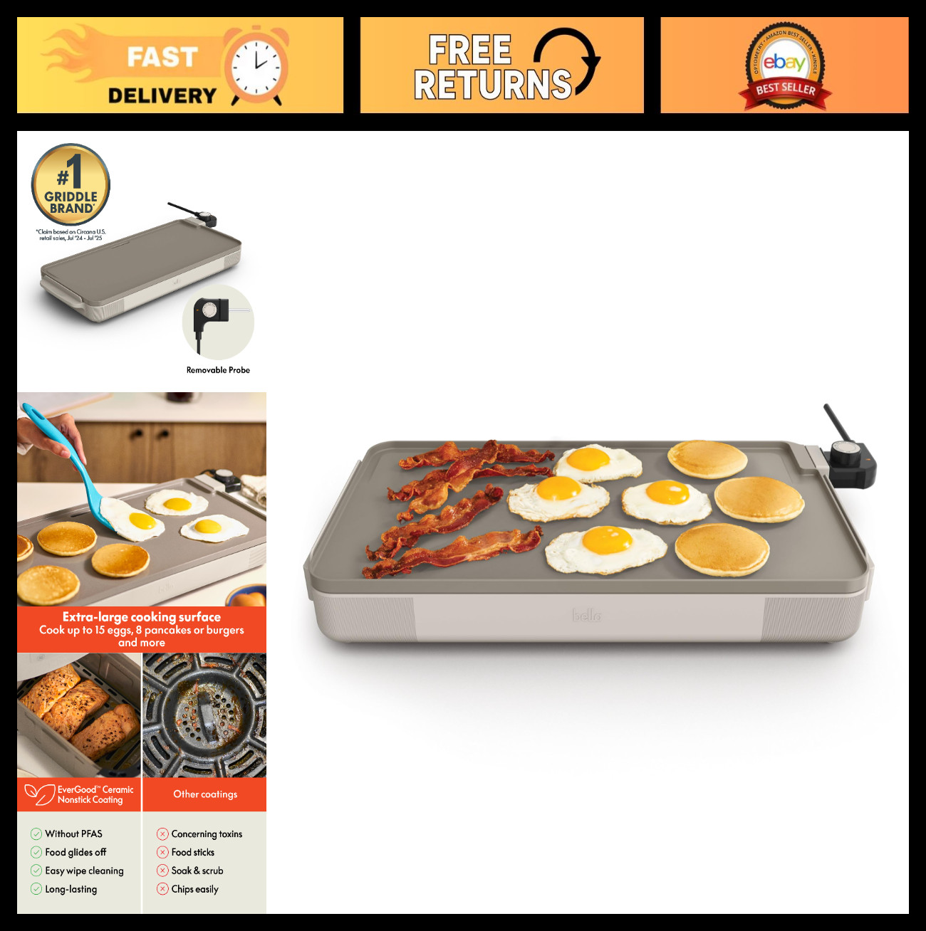 12″ x 22″ Electric Griddle, Nonstick Ceramic Coating, Removable Probe, Cool Touc