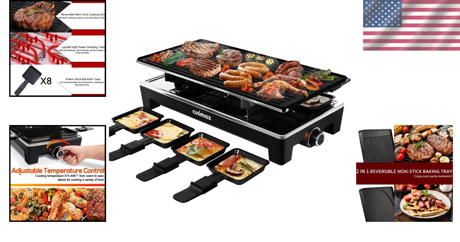 Indoor Electric Grill with Non-Stick Reversible Plate & 8 Heat-Resistant Trays