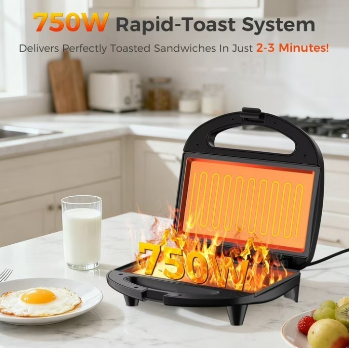 OSTBA 2 Slice Sandwich Maker 750W Nonstick Grill Cheese Press Black Easy Clean