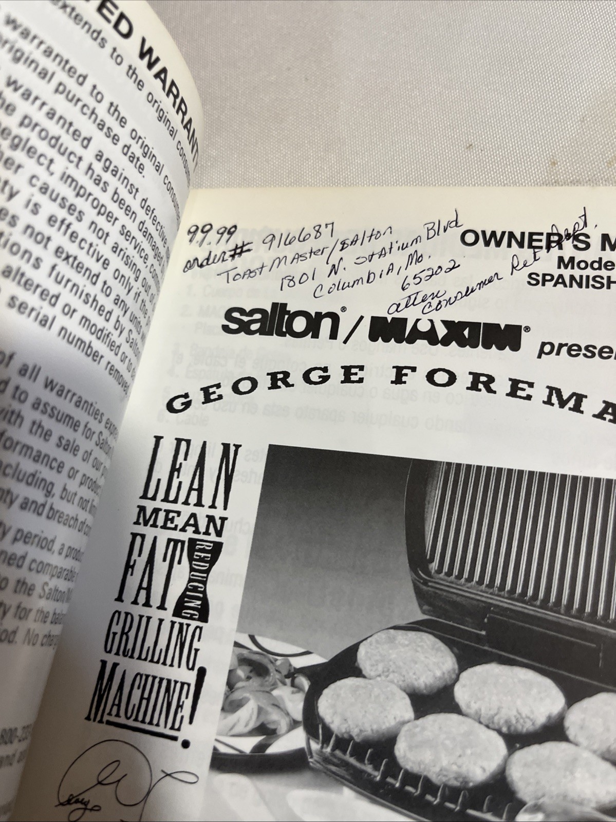 George Foreman Grill GR30 Owner’s Manual User Guide & Recipes