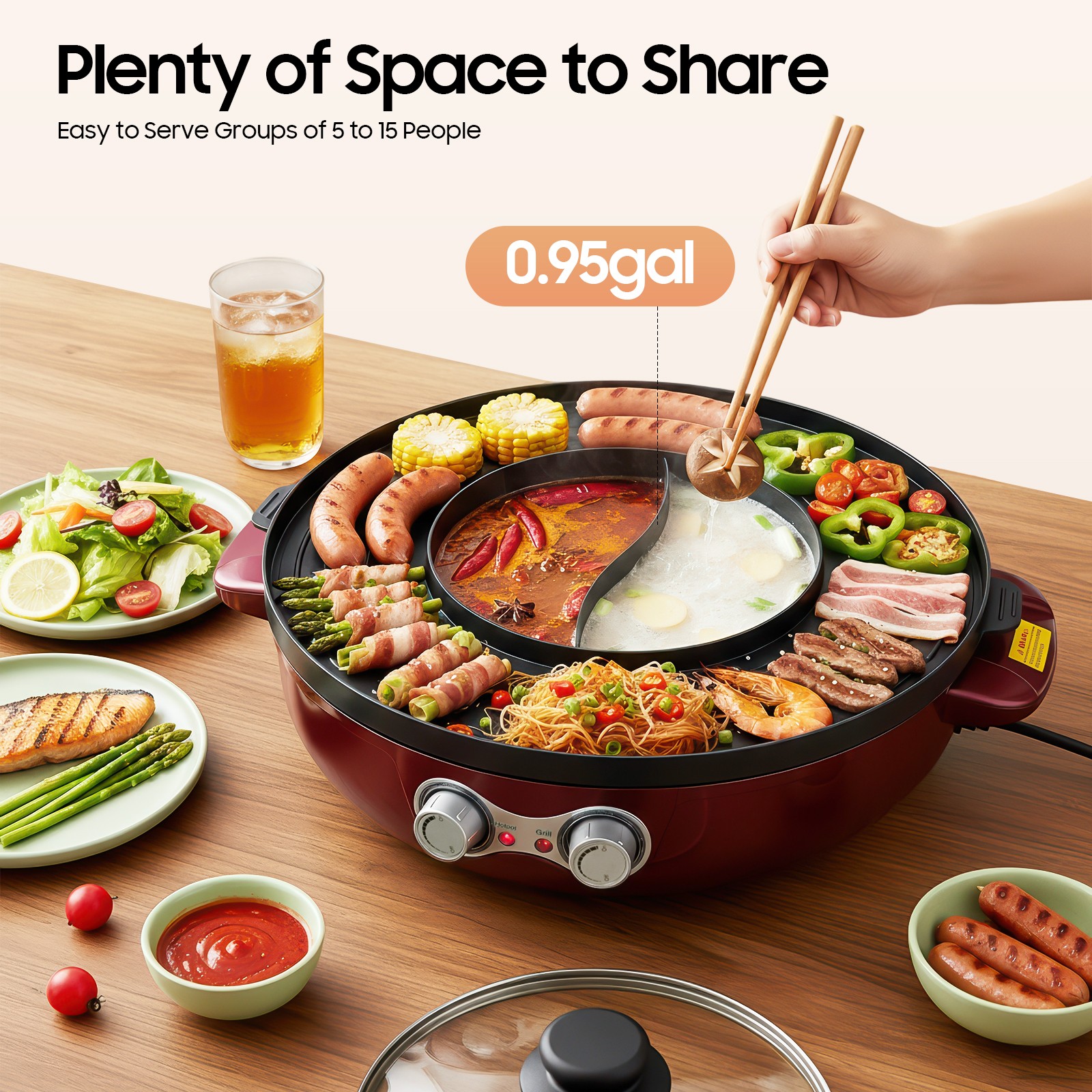 Electric Hot Pot and Grill 16.5in Split Dual Tray 110V for Home Party Cooking