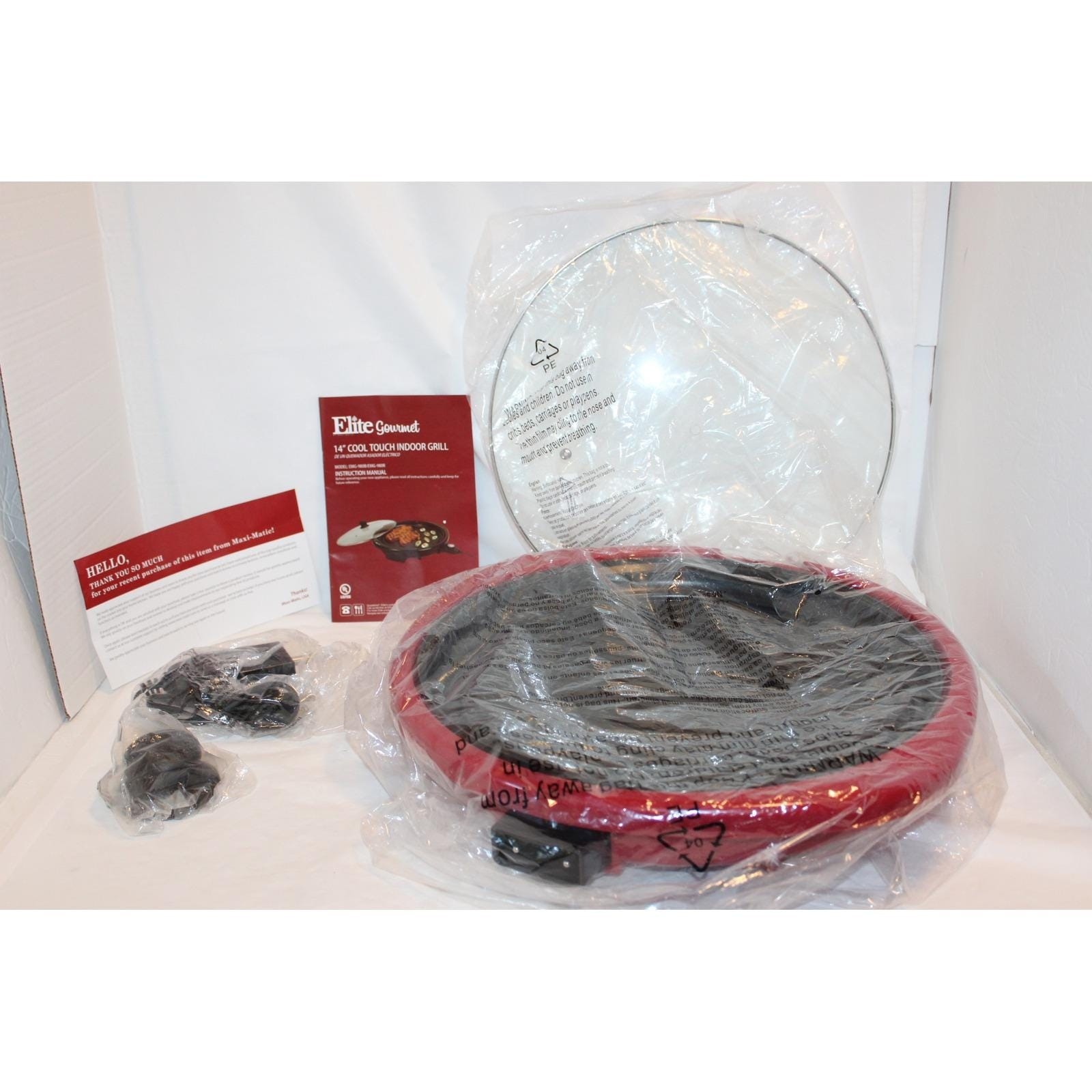 Elite Gourmet Red 14″ Electric Indoor Grill Glass Lid Non-Stick Model EMG-980R