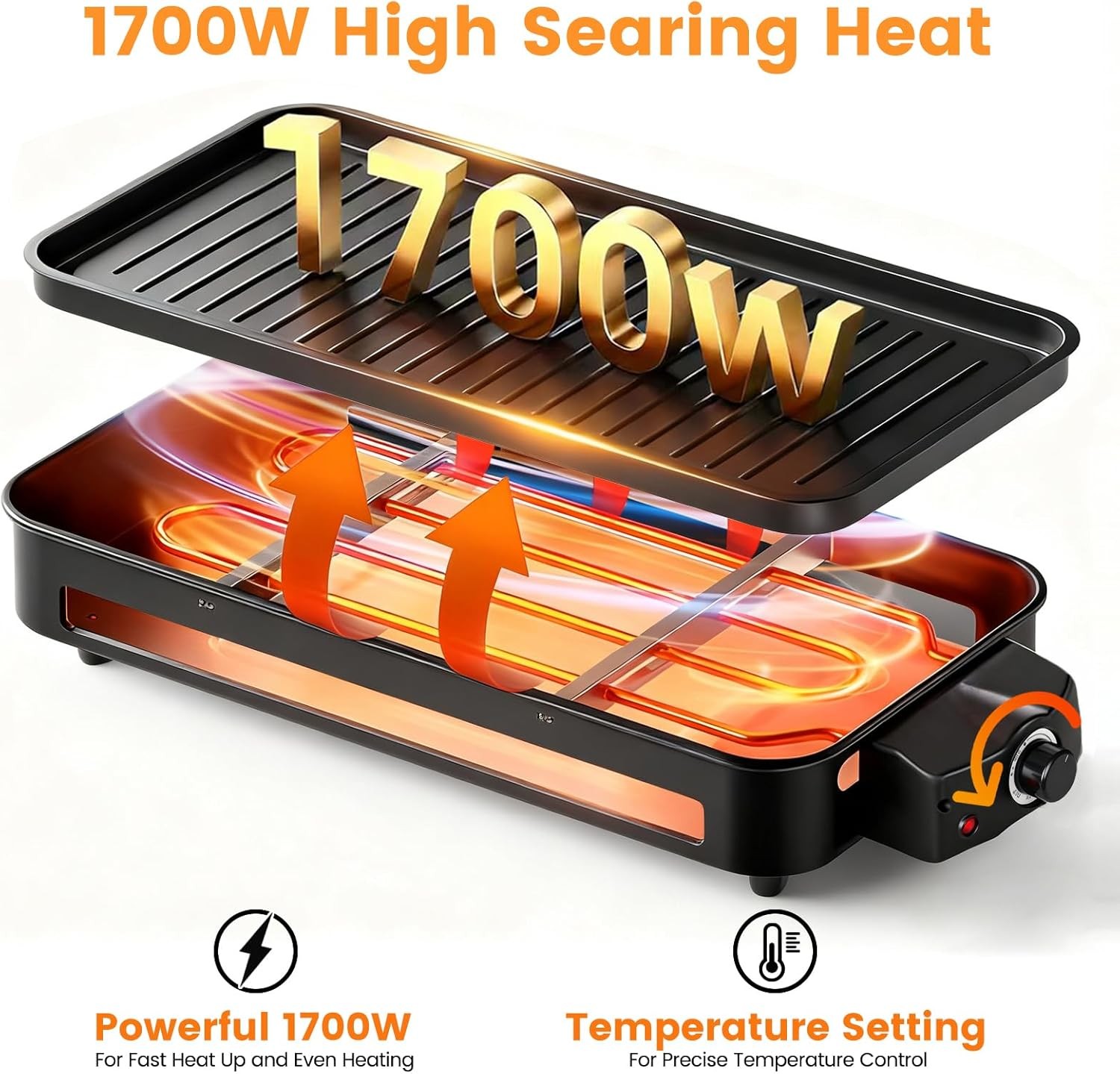2 in 1 Electric Indoor Grill 1700W black smokeless Indoor Grill Pan with Grilli