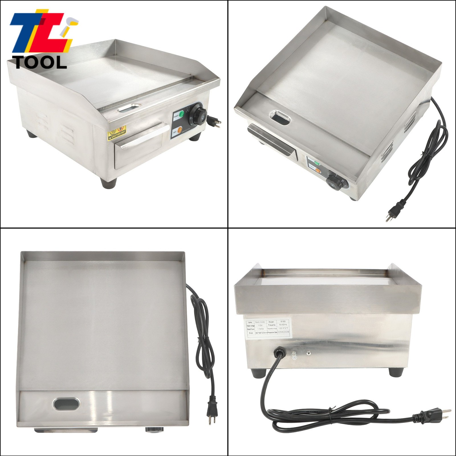 Electric Griddle for Home Kitchen, 1500W, 14in Stainless Steel Flat Grill