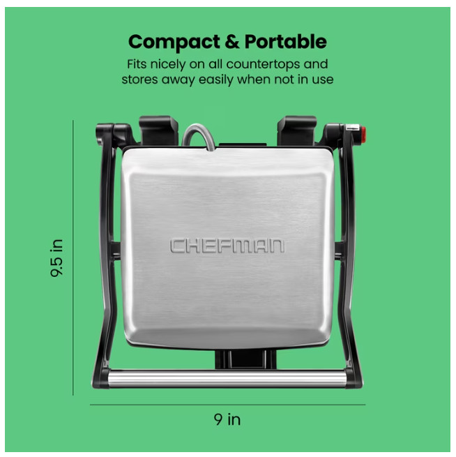 Chefman 3-in-1 Panini Press Grill 4-Slice Nonstick Opens Flat Stainless Steel