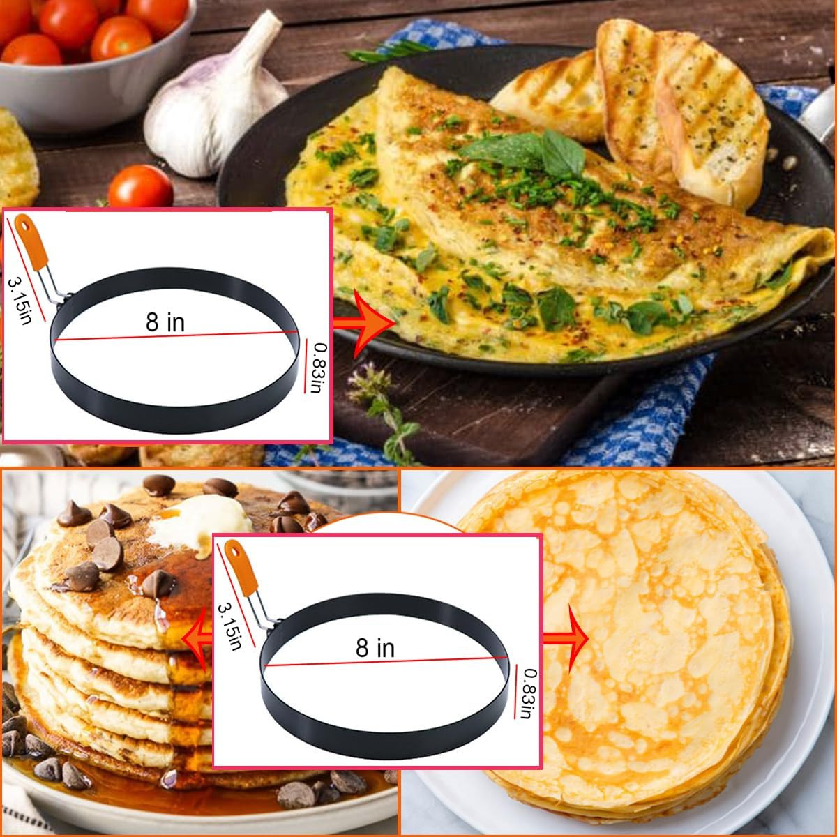 Large 2 Packs 8″ Omelette Ring for Griddle,Stainless Steel 8 Inch Griddle Ome…