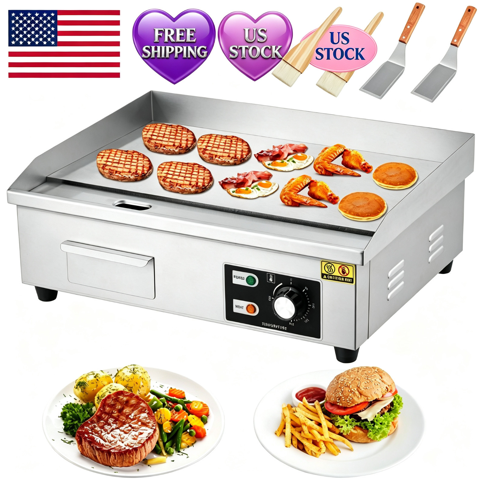 21 Inch Commercial Electric 1600W Stainless Steel Flat Top Grill Griddle