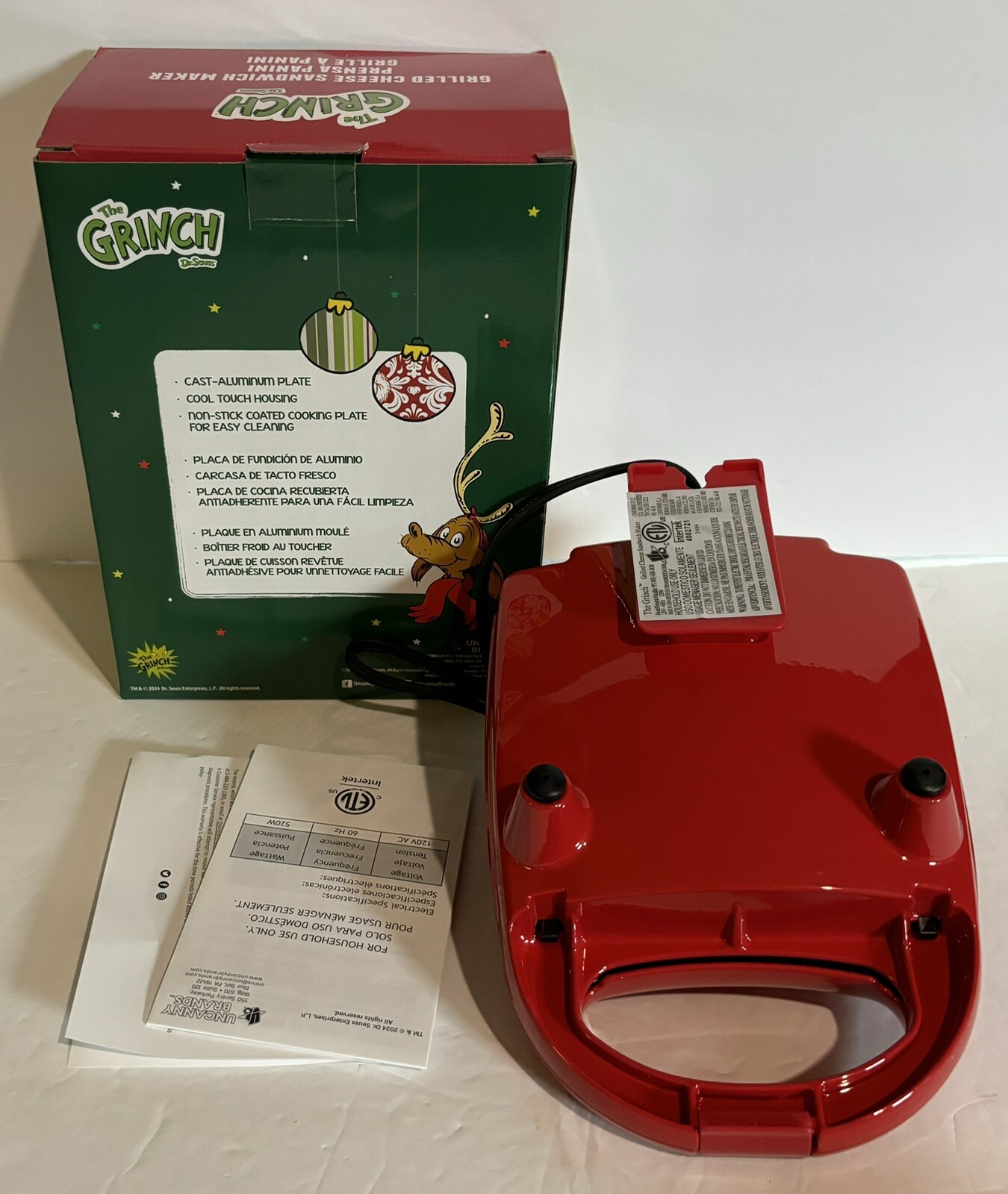 Dr. Seuss The Grinch Red Uncanny Grilled Cheese Panini Sandwich Maker New in Box
