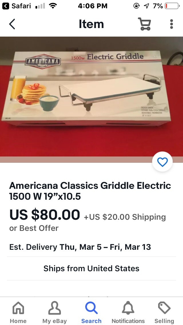 Americana Classics Electric Griddle 1500W 19×10.5″ New in Box Local Pickup Only