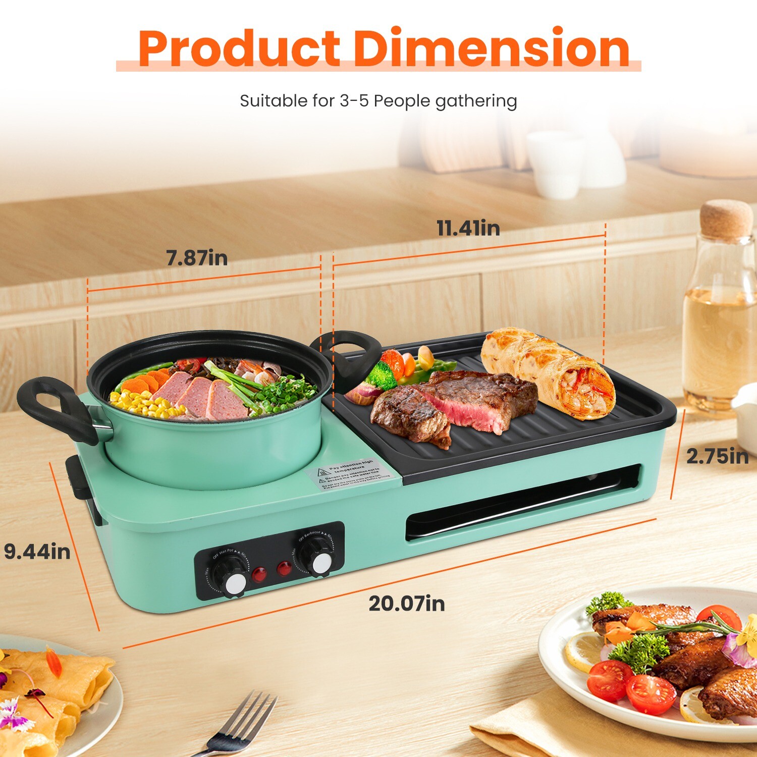 3 in 1 Electric Hot Pot with Grill 1600W Smokeless Non-Stick Korean BBQ Grill