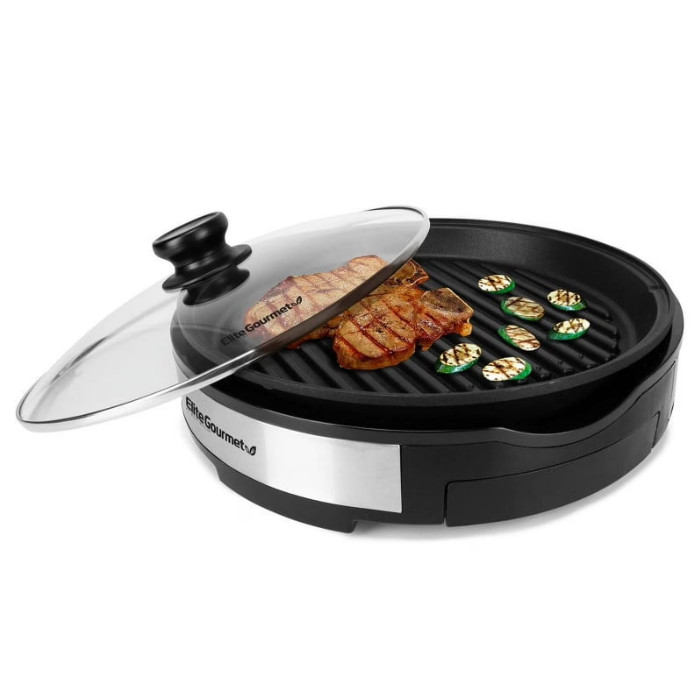 Elite Cuisine EMG1560 12” Deluxe Indoor Grill with Tempered Glass Lid