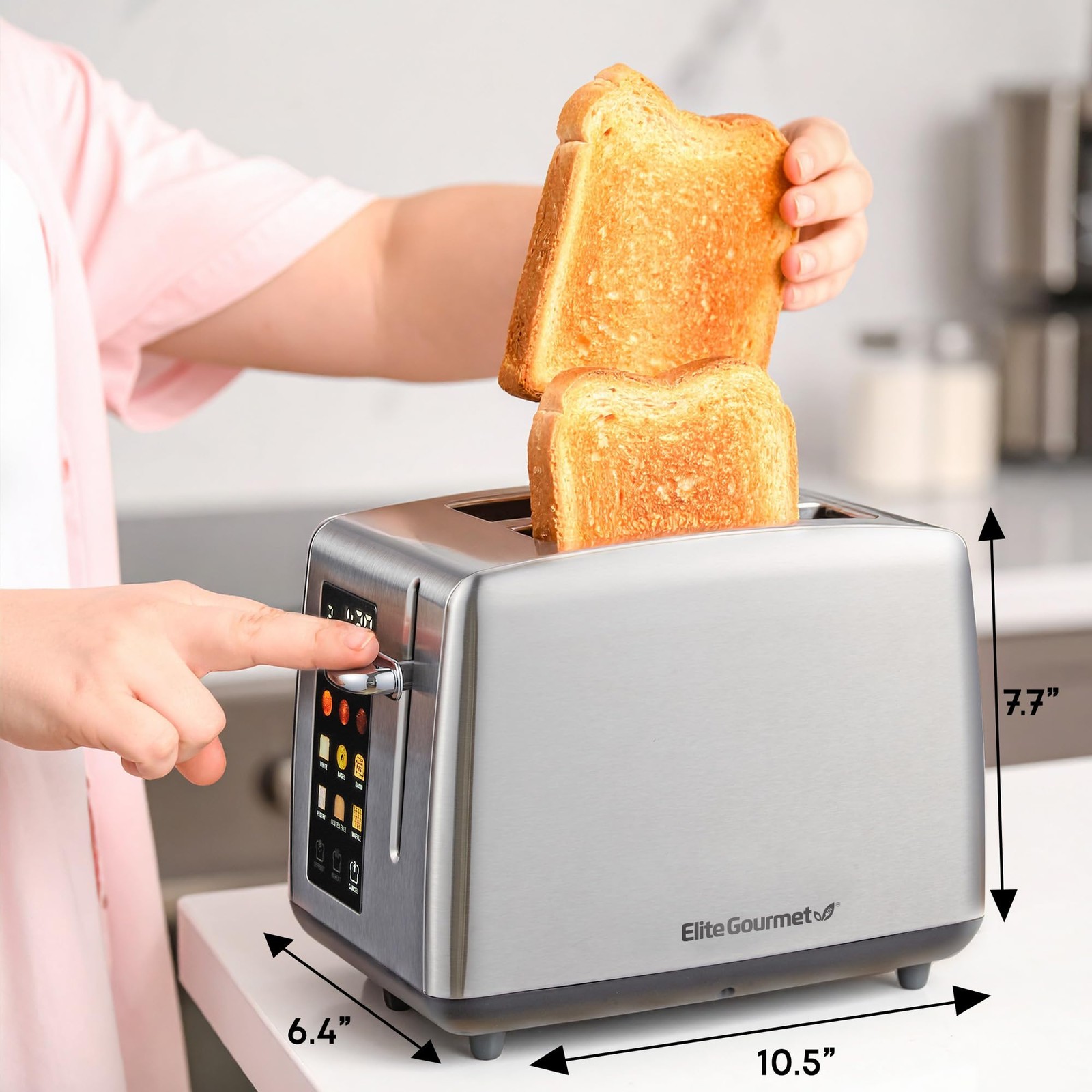 Elite Gourmet 2-Slice Digital Toaster, Touch Control, Gloss Black, Defrost