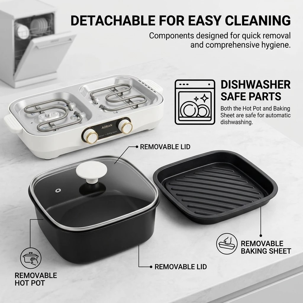 Electric Hot Pot Grill Pan Combo Nonstick Cooker With Glass Lid