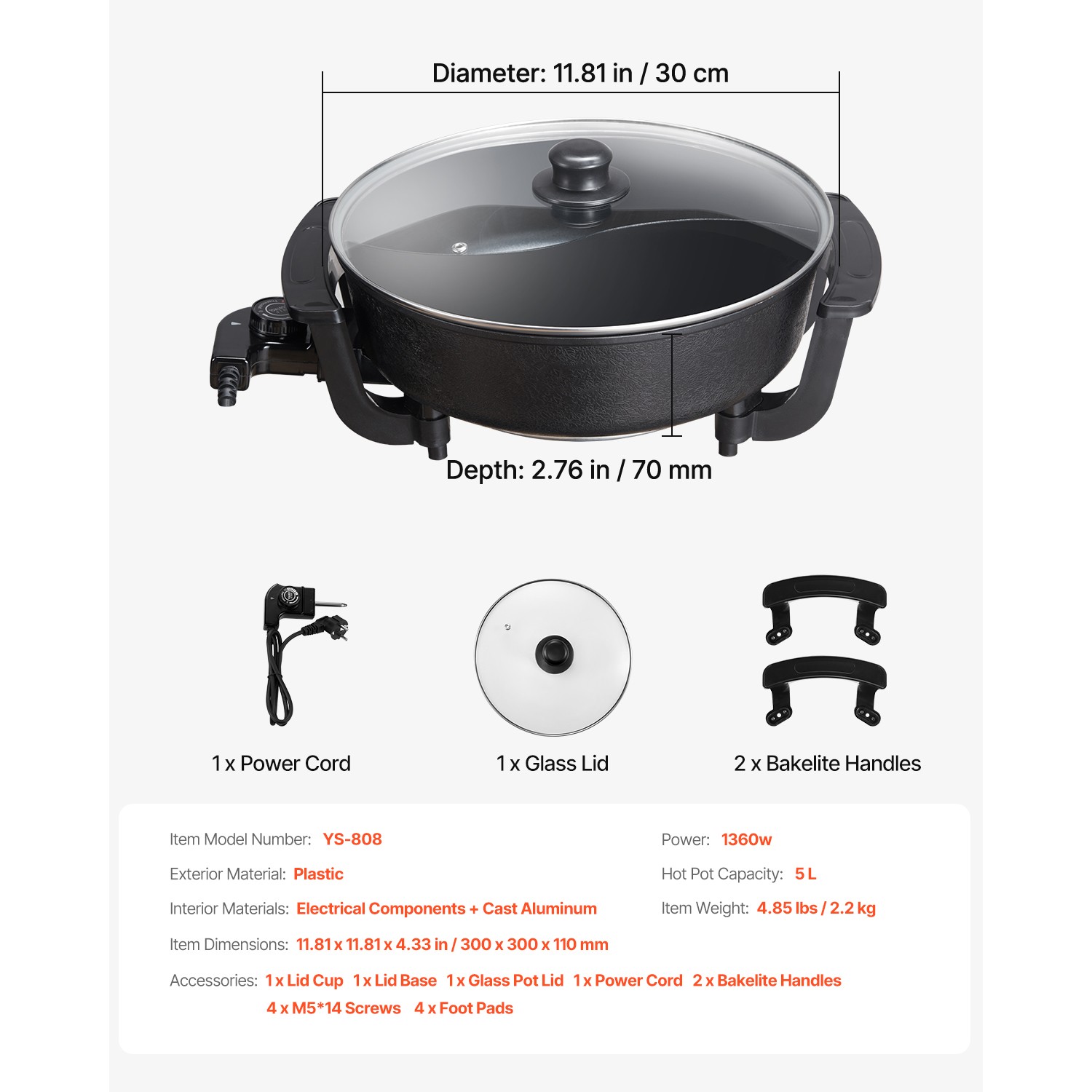 Electric Hot Pot 5 L Non-Stick Shabu-shabu Hot Pot with Divider for 6-10 People