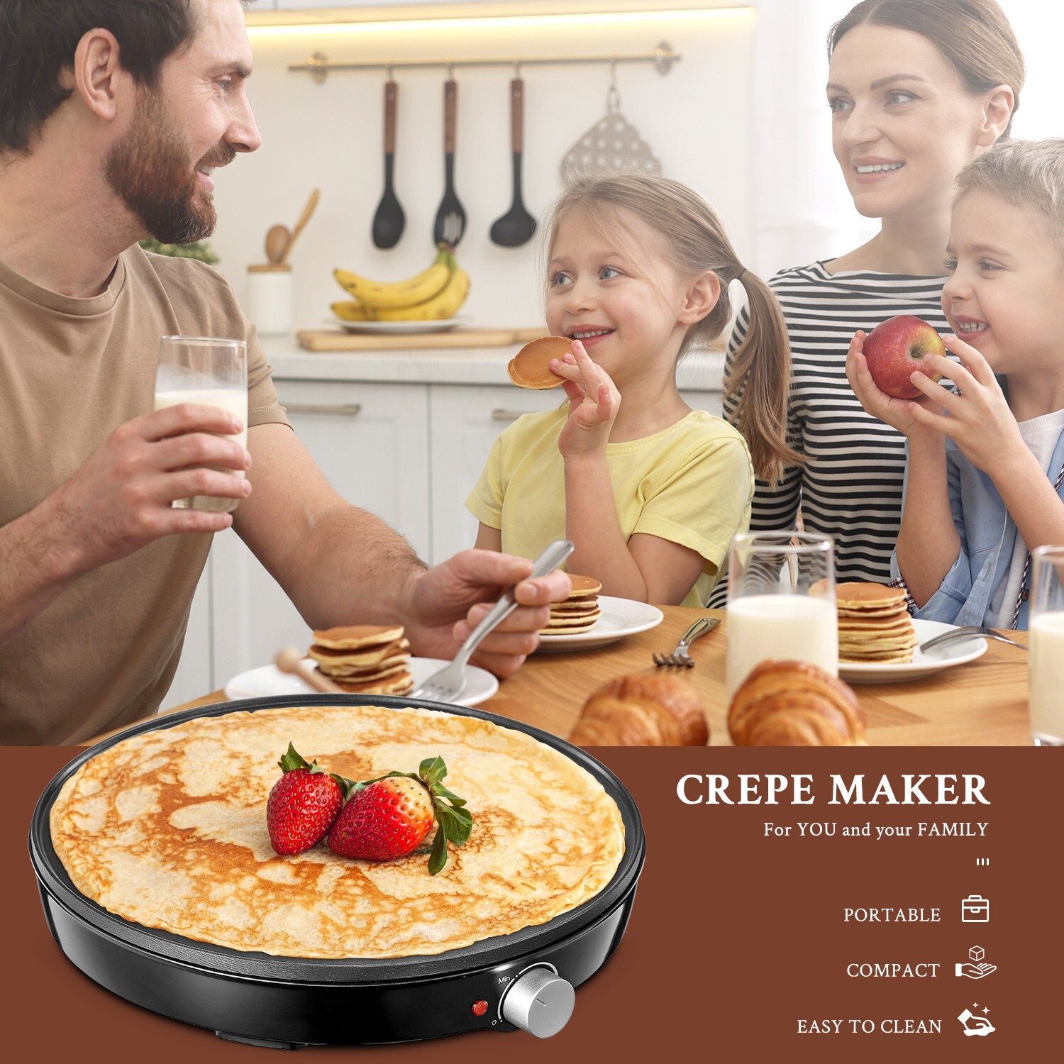 12″ Electric Crepe Maker, Nonstick Griddle, Precise Temp Control, Black