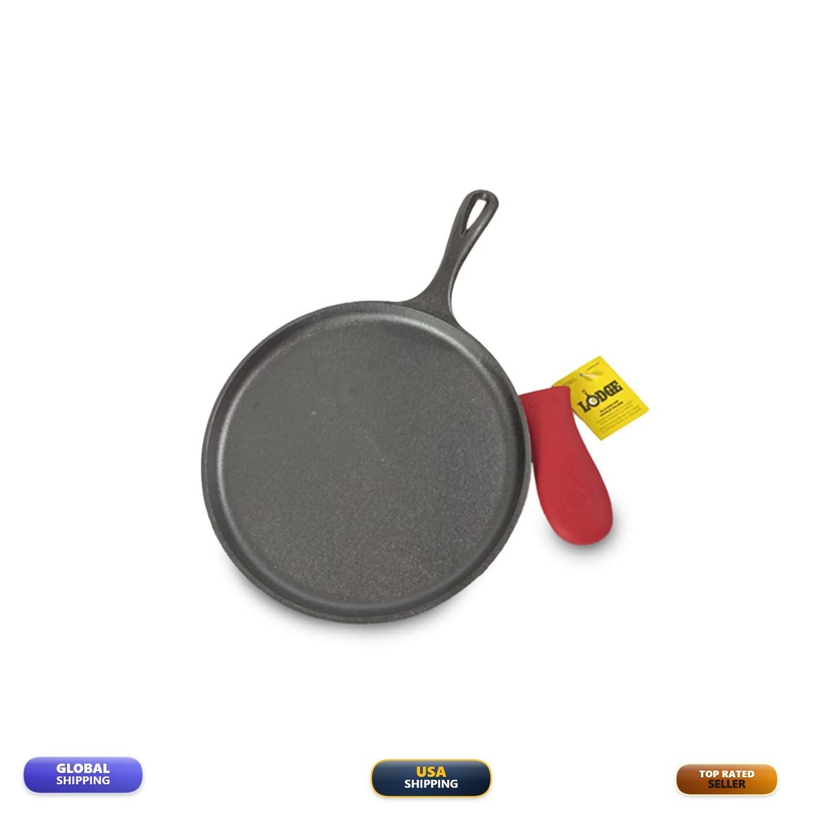 Lodge Round Seasoned Cast Iron Griddle with Red Silicone Handle Holder – 10.5