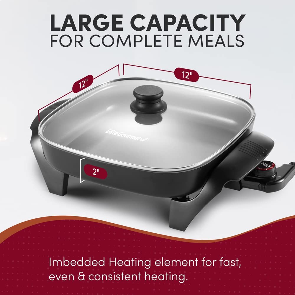 Elite Gourmet Ceramic Electric Skillet, PFAS Free, Dark Grey, 12″ – 1200W
