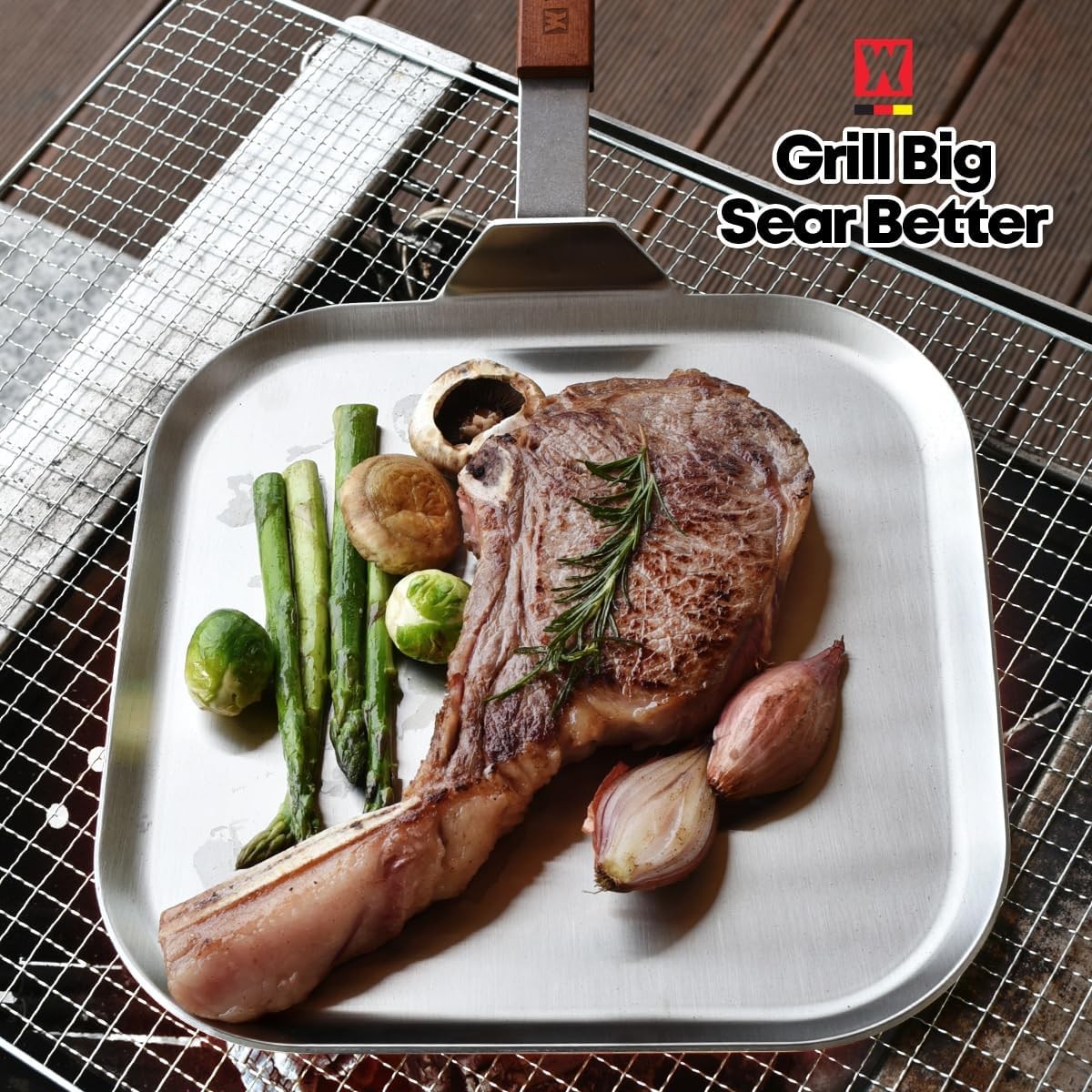 Stainless Steel Square Griddle Pan/Plate with Wooden Handle, 3-Ply Constructi