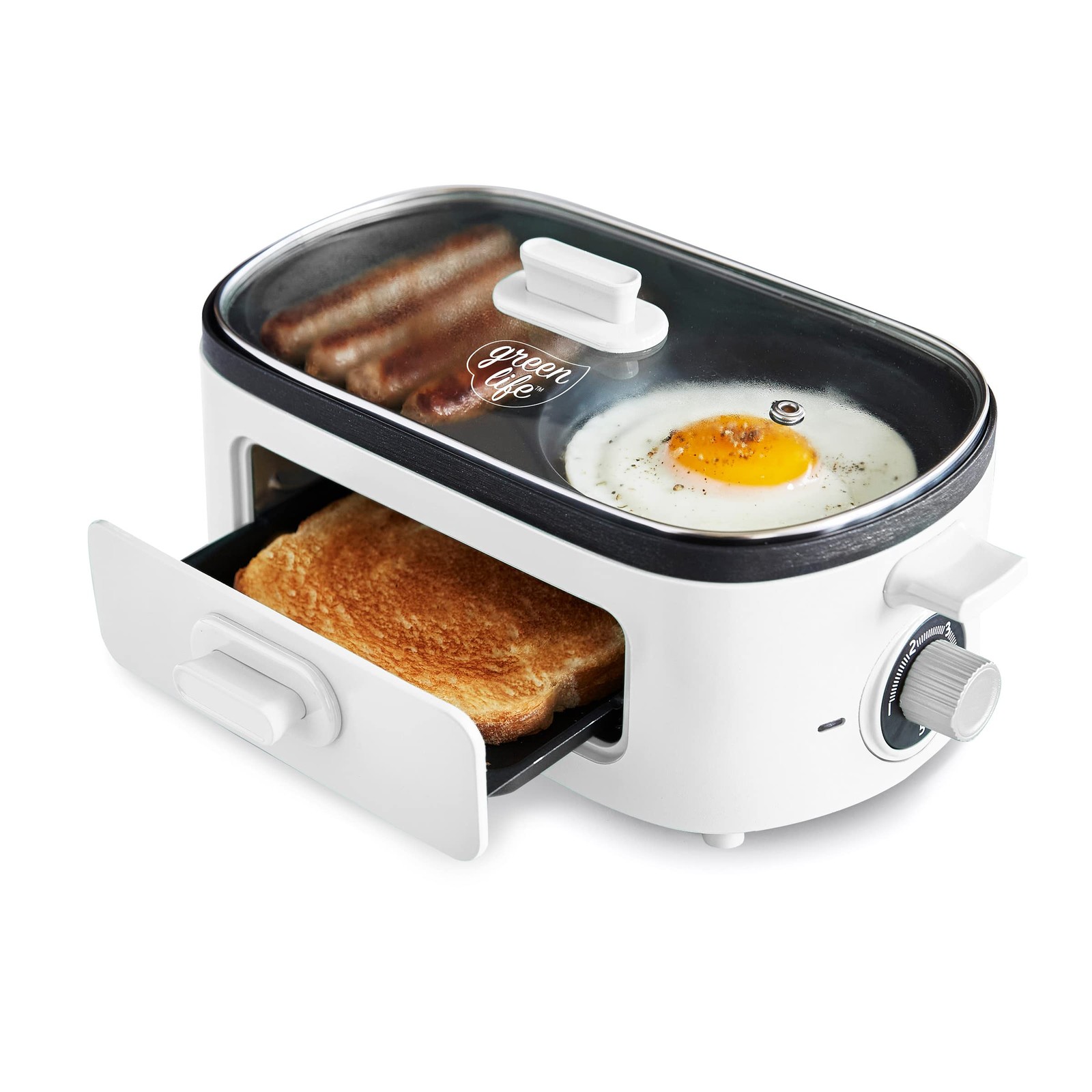 GreenLife 3-in-1 Breakfast Maker Station, Healthy Ceramic Nonstick Dual Gridd…