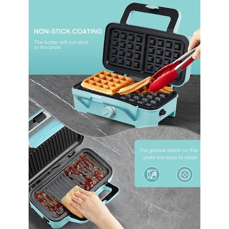 1200W 3 in 1 Breakfast Sandwich Maker W/ Removable Plates Non Stick Easy Clean